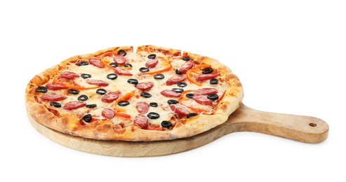 Photo of Tasty pizza with cheese, dry smoked sausages, olives and pepper isolated on white