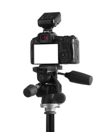 Photo of Professional camera isolated on white. Photo studio equipment