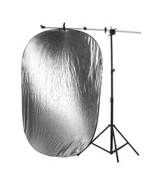 Stand with reflector isolated on white. Photo studio equipment