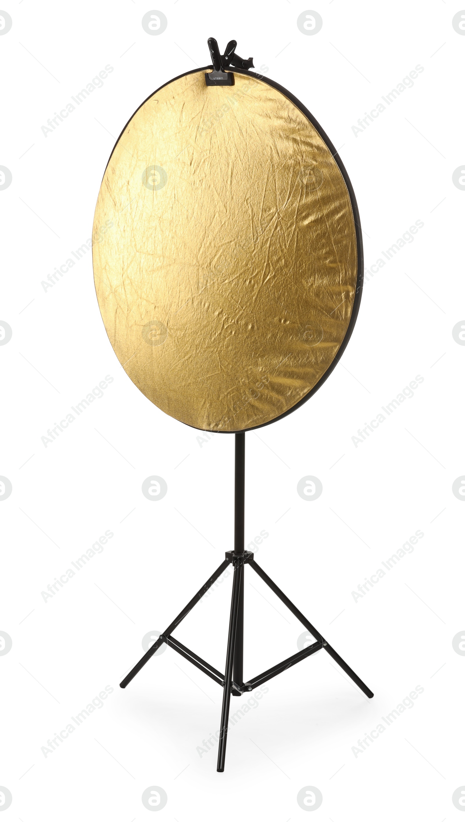 Photo of Stand with reflector isolated on white. Photo studio equipment