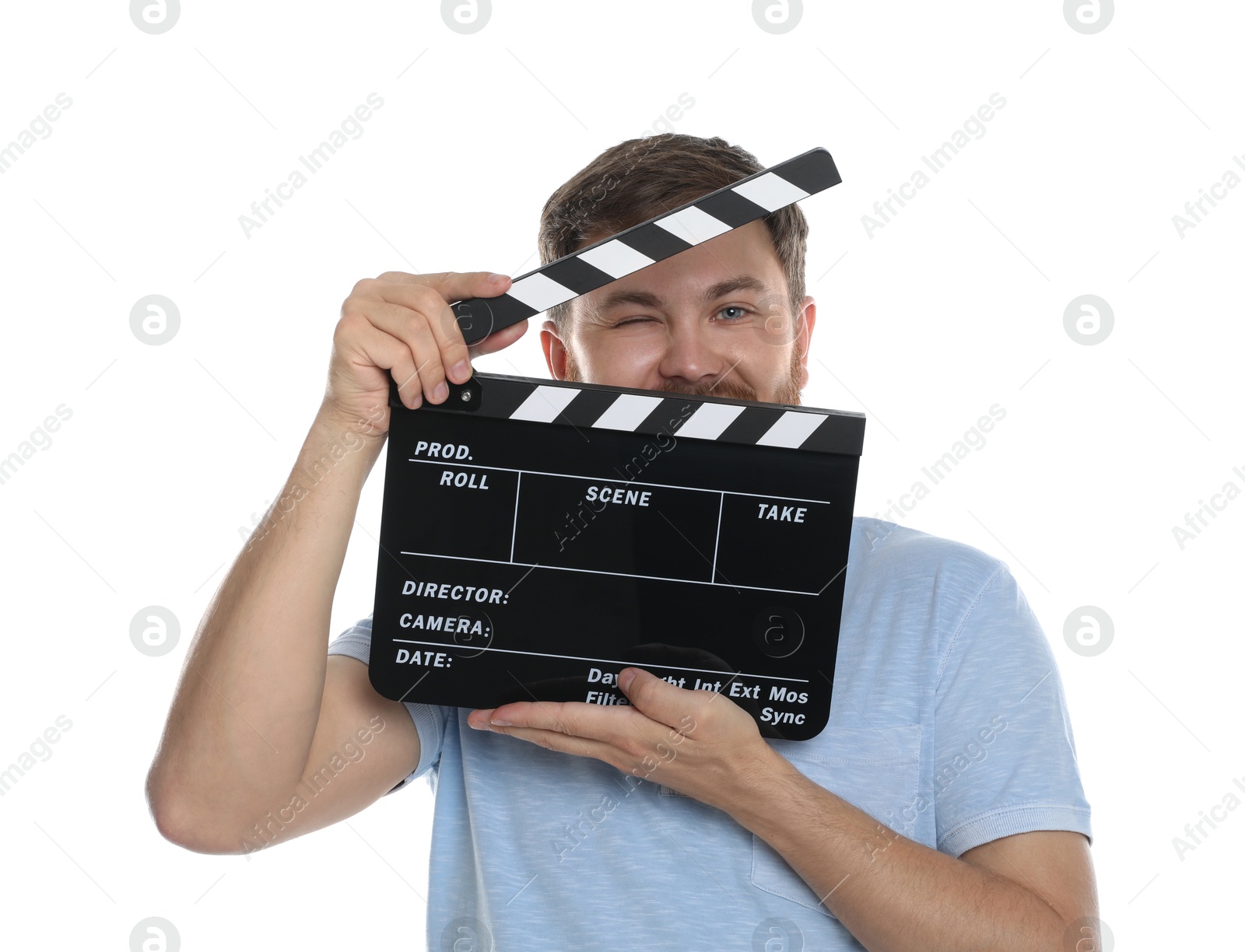 Photo of Making movie. Man with clapperboard on white background