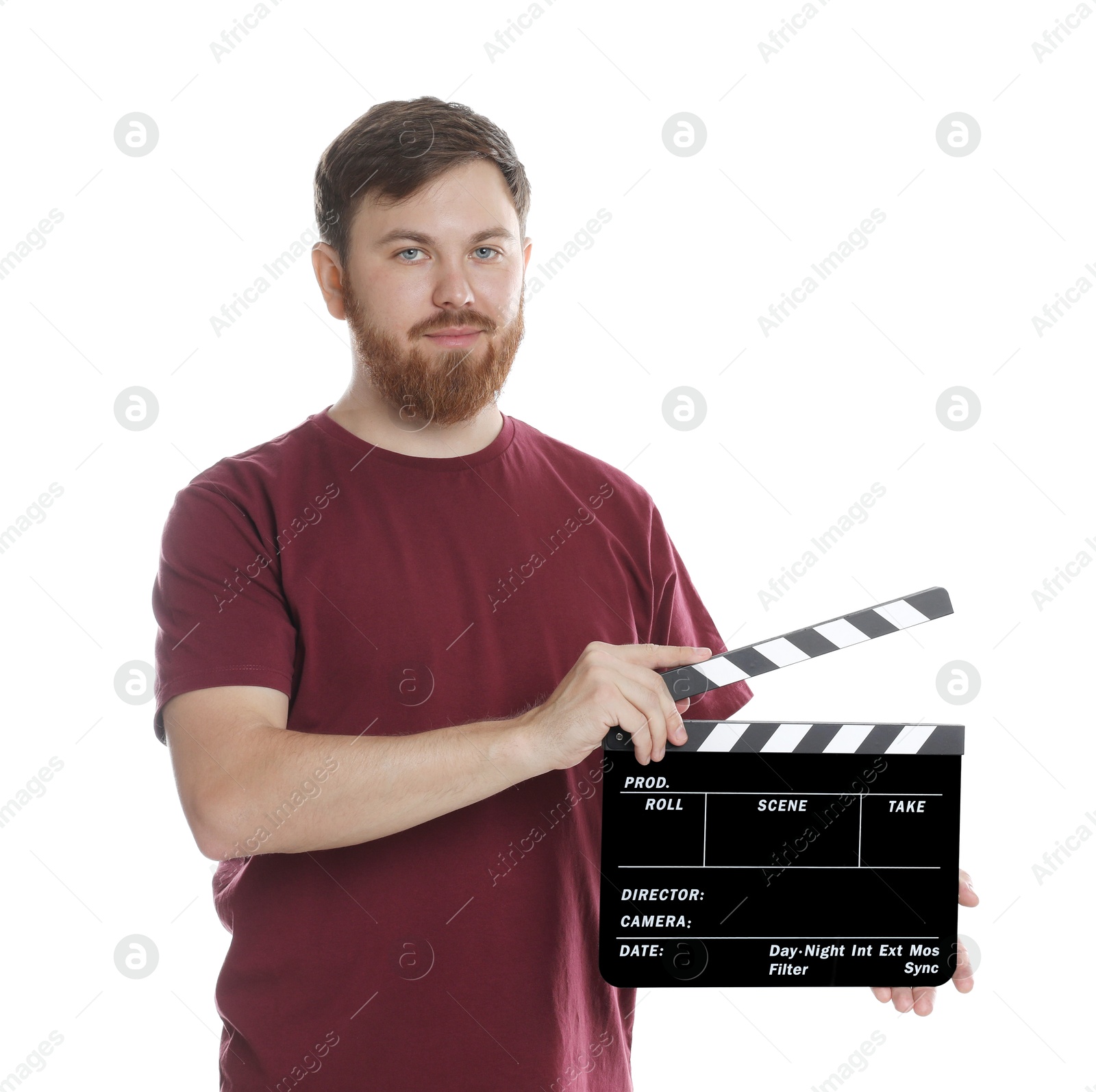 Photo of Making movie. Man with clapperboard on white background