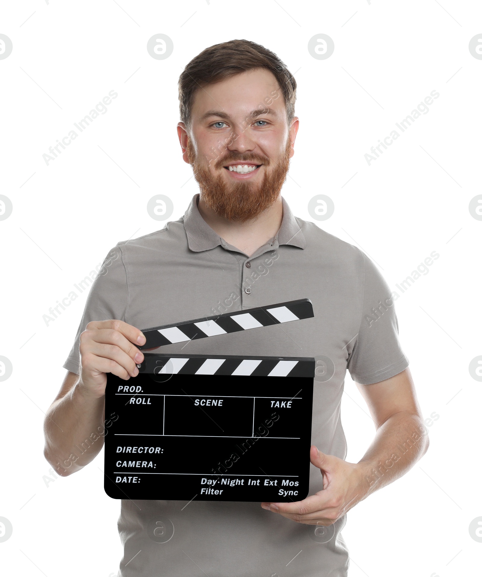 Photo of Making movie. Smiling man with clapperboard on white background