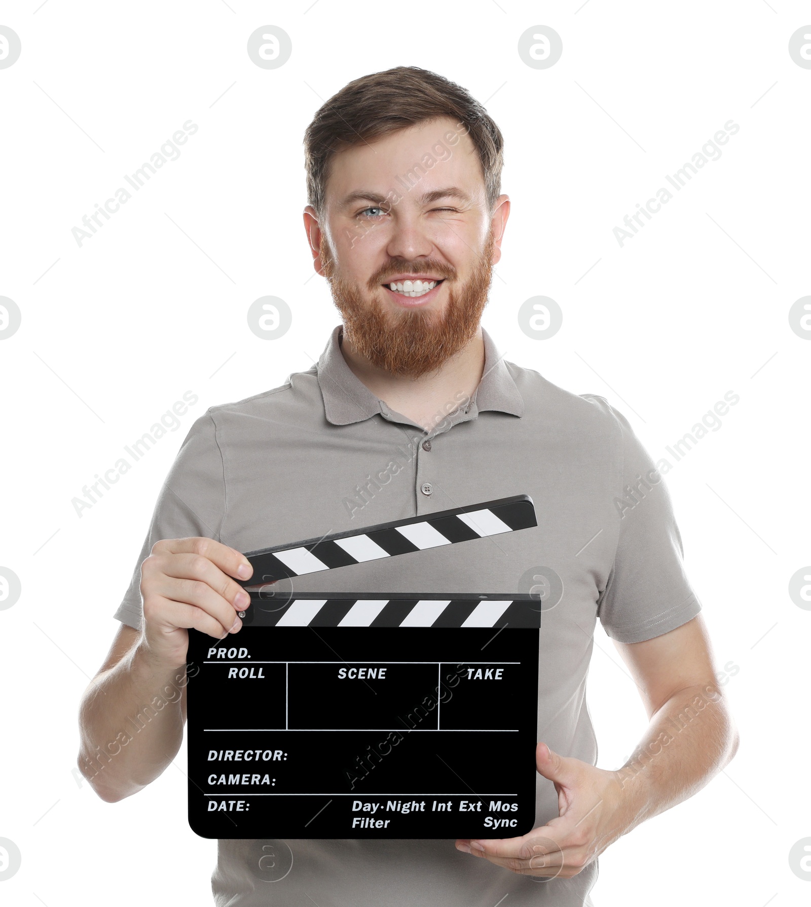 Photo of Making movie. Smiling man with clapperboard on white background