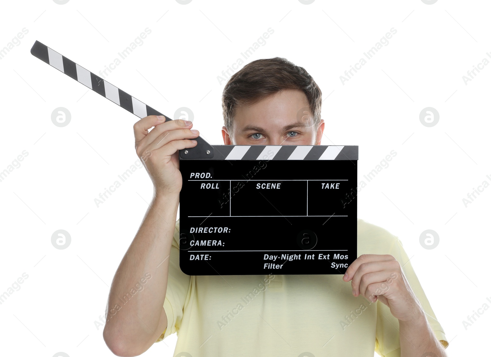 Photo of Making movie. Man with clapperboard on white background