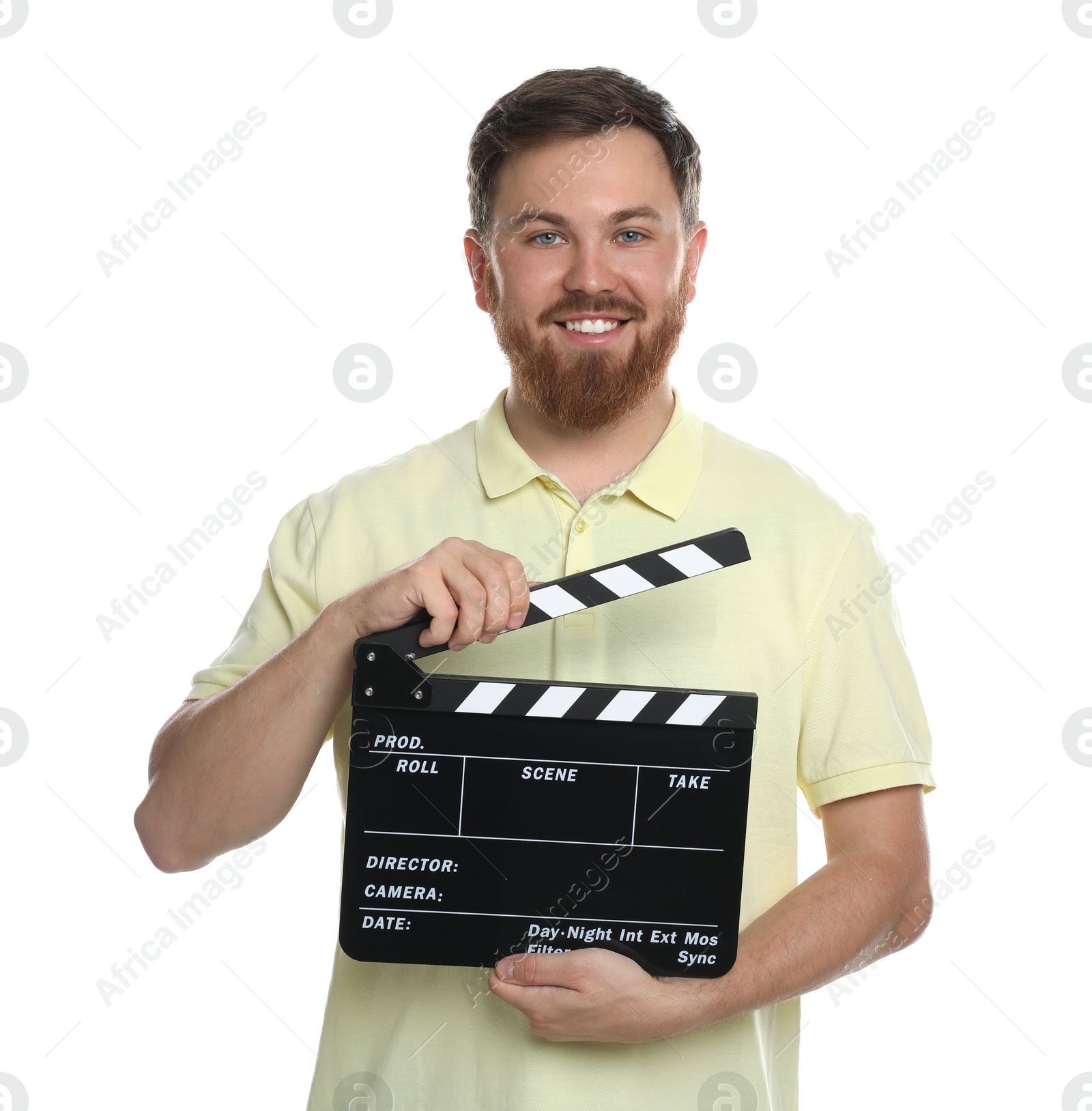 Photo of Making movie. Smiling man with clapperboard on white background