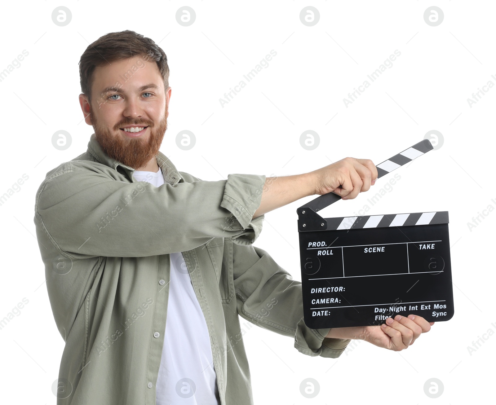 Photo of Making movie. Smiling man with clapperboard on white background