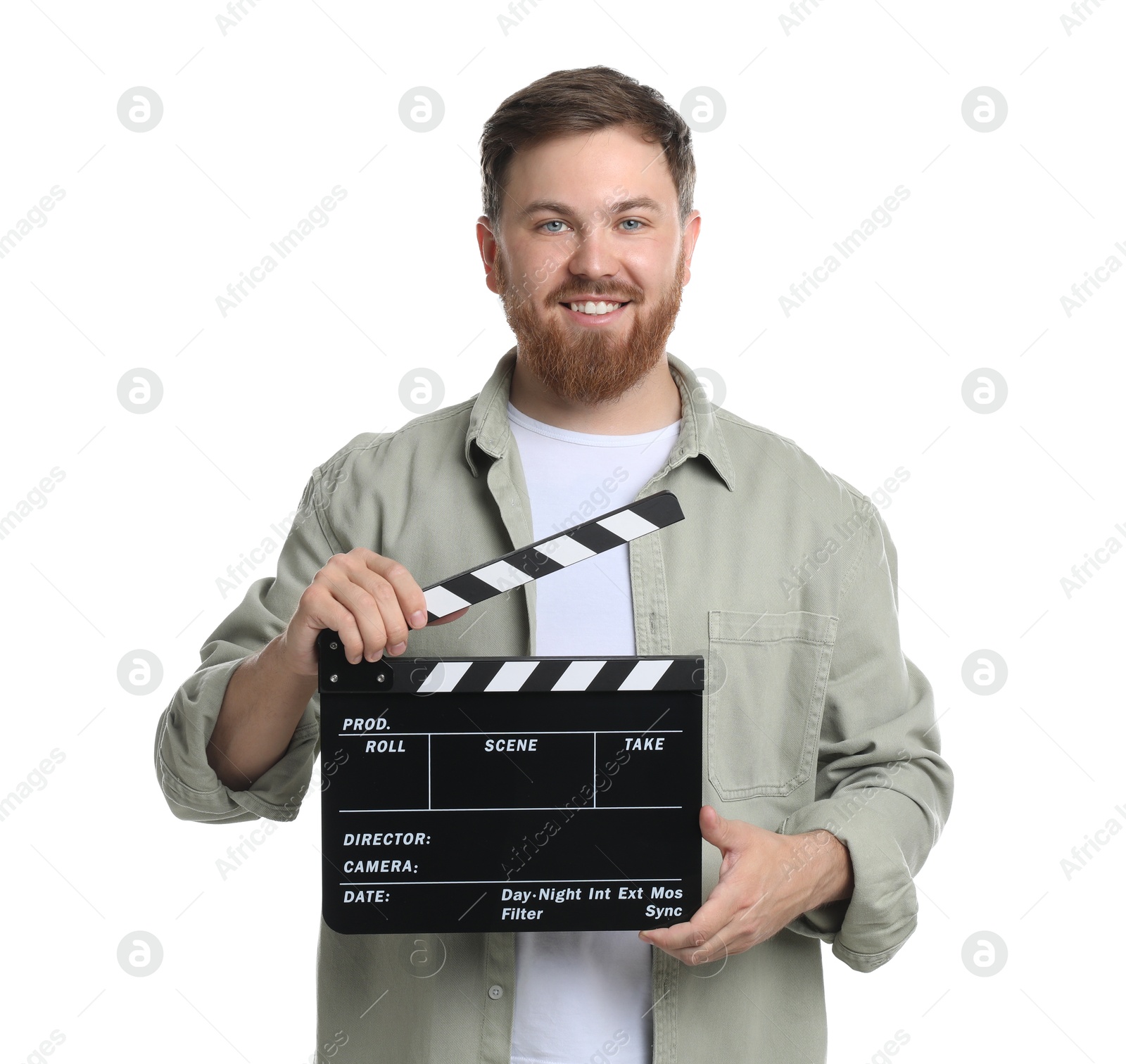 Photo of Making movie. Smiling man with clapperboard on white background