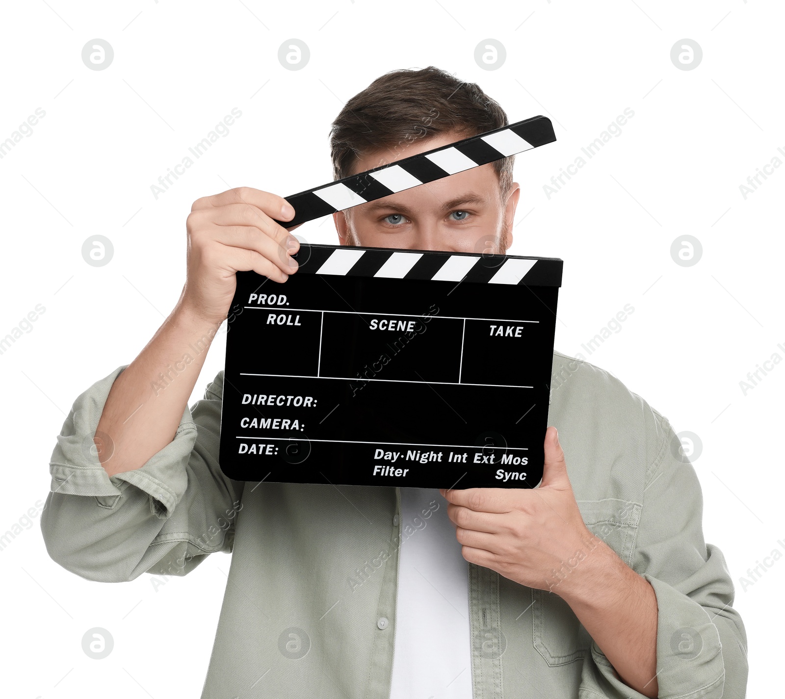 Photo of Making movie. Man with clapperboard on white background