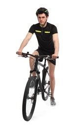 Man in helmet riding bicycle on white background