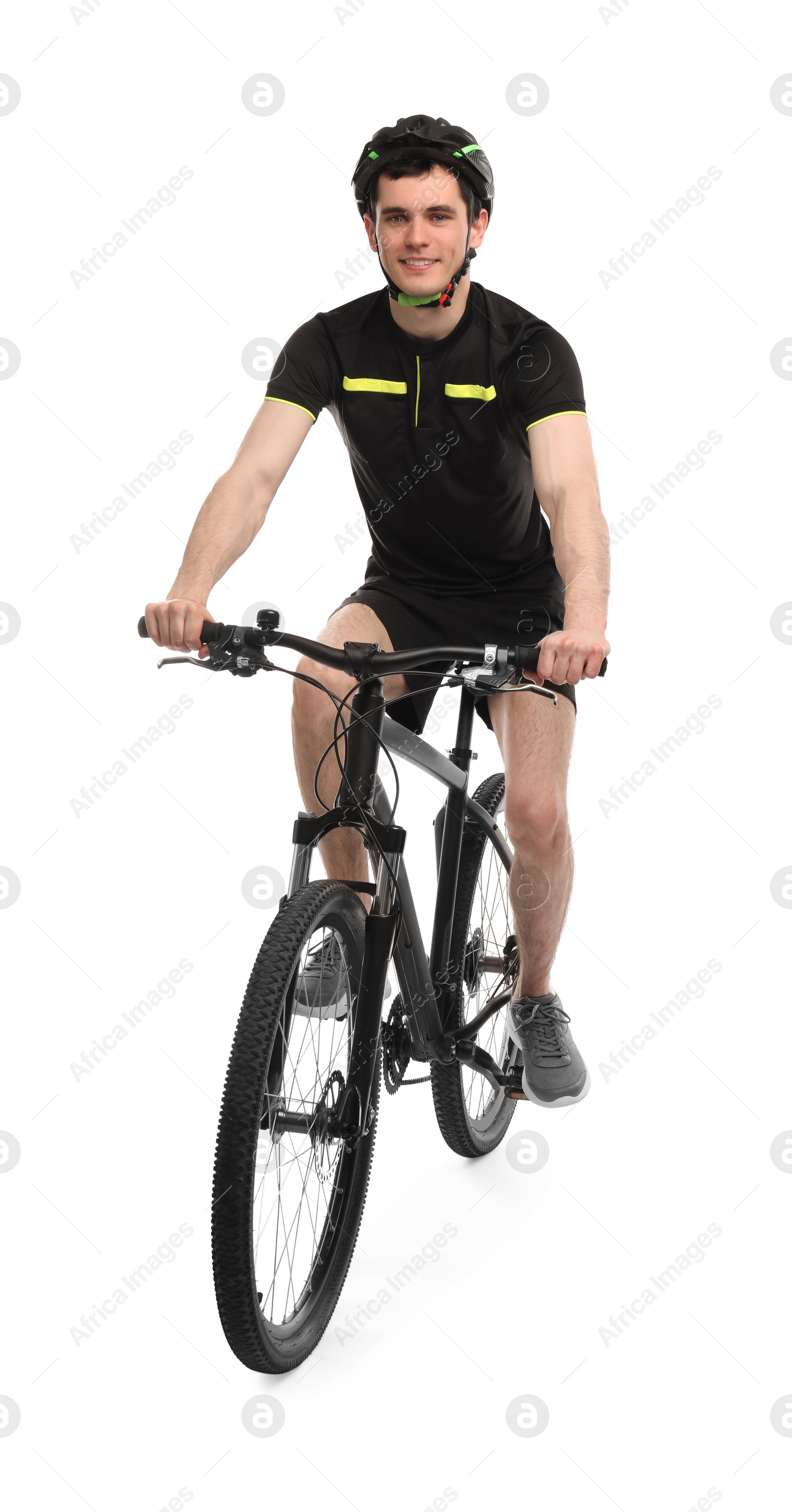 Photo of Smiling man in helmet riding bicycle on white background