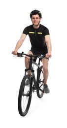 Smiling man in helmet riding bicycle on white background