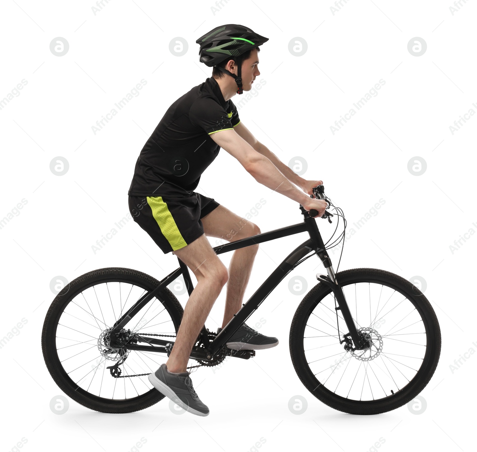 Photo of Man in helmet riding bicycle on white background