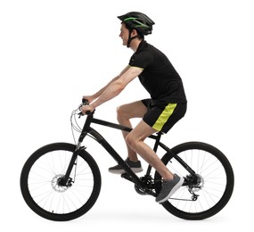 Man in helmet riding bicycle on white background