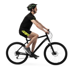 Man in helmet riding bicycle on white background