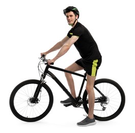 Photo of Smiling man in helmet on bicycle against white background