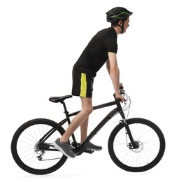 Photo of Man in helmet riding bicycle on white background