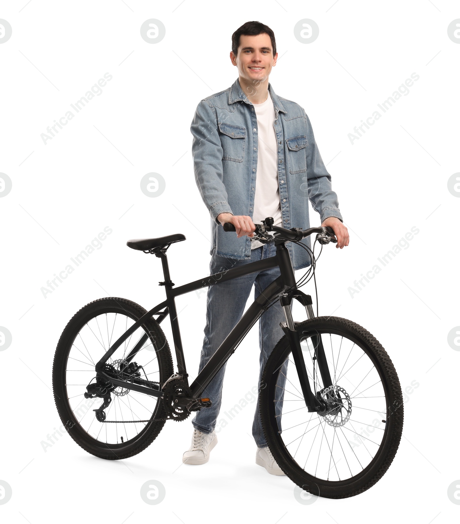 Photo of Smiling man with bicycle isolated on white