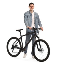 Smiling man with bicycle isolated on white