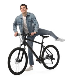 Smiling man with bicycle isolated on white