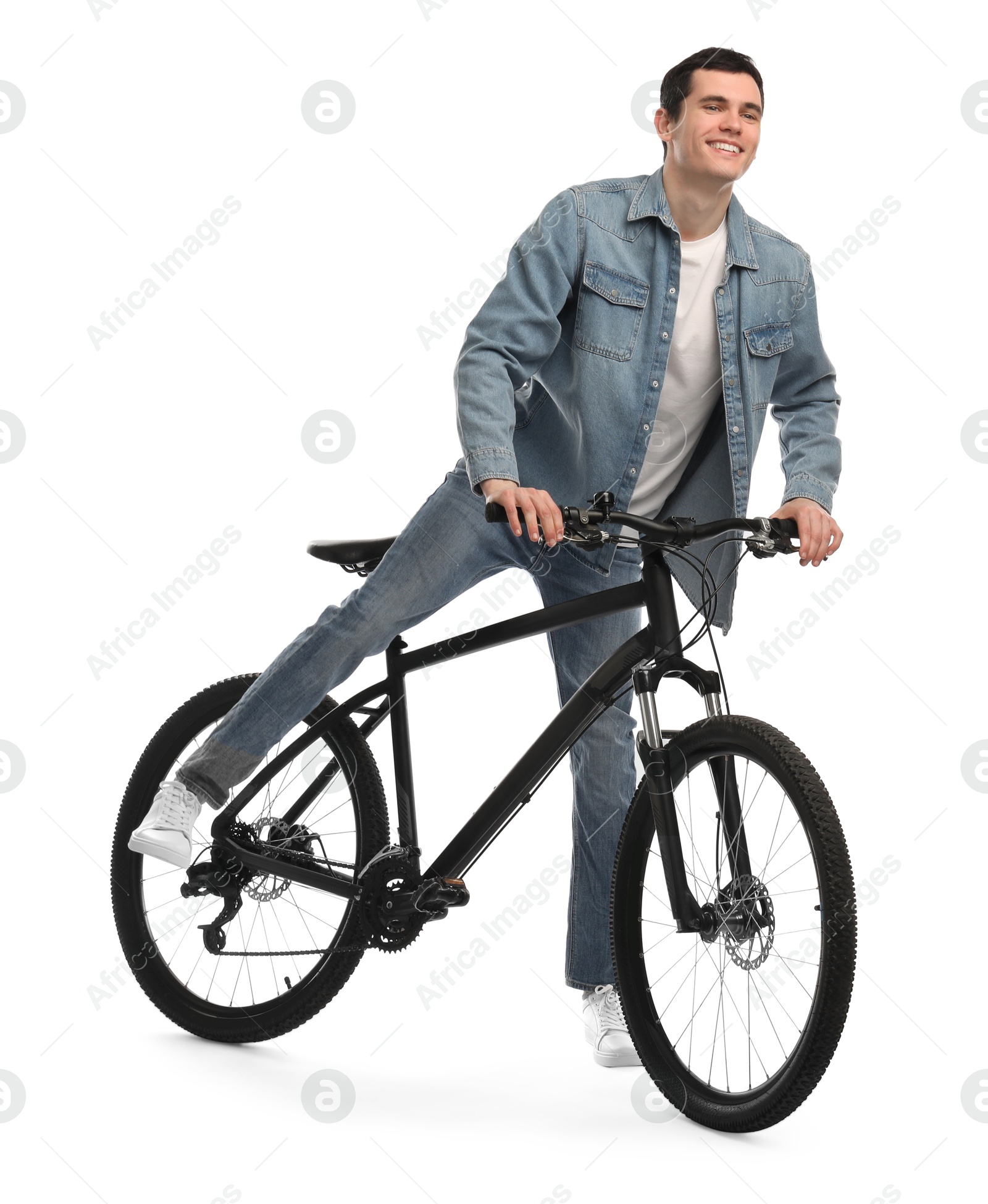 Photo of Smiling man with bicycle isolated on white