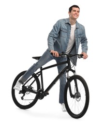 Smiling man with bicycle isolated on white