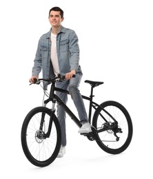 Smiling man with bicycle isolated on white