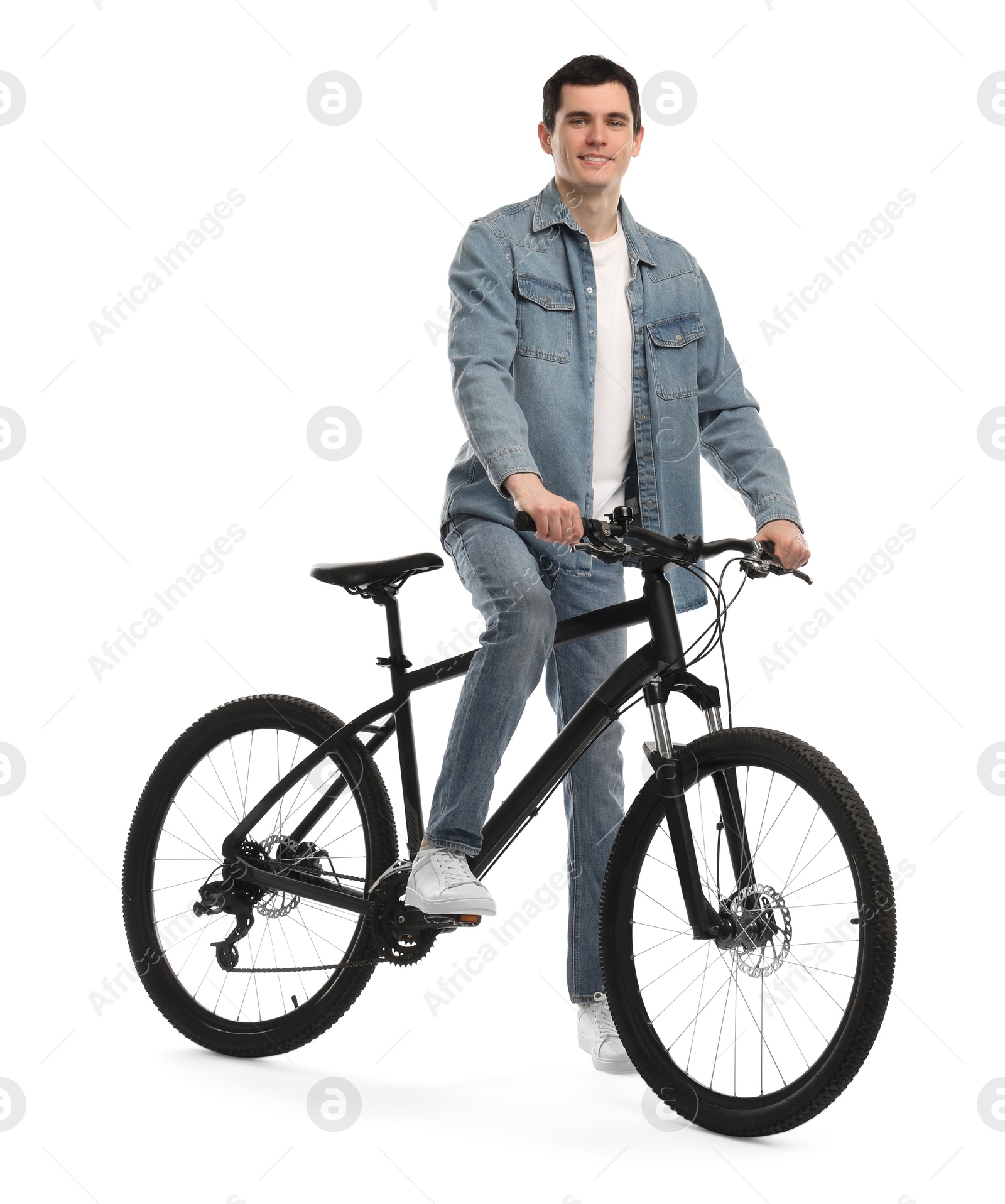 Photo of Smiling man with bicycle isolated on white