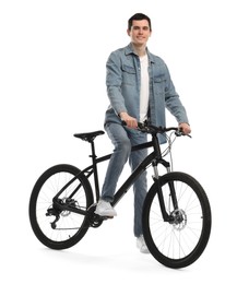 Smiling man with bicycle isolated on white