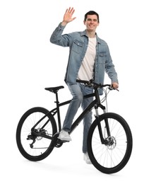 Smiling man with bicycle isolated on white