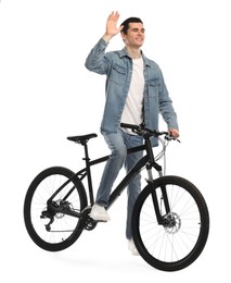 Smiling man with bicycle isolated on white