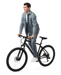 Photo of Smiling man riding bicycle on white background