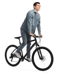 Photo of Smiling man riding bicycle on white background