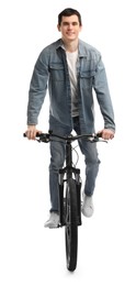 Photo of Smiling man riding bicycle on white background