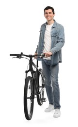 Smiling man with bicycle isolated on white