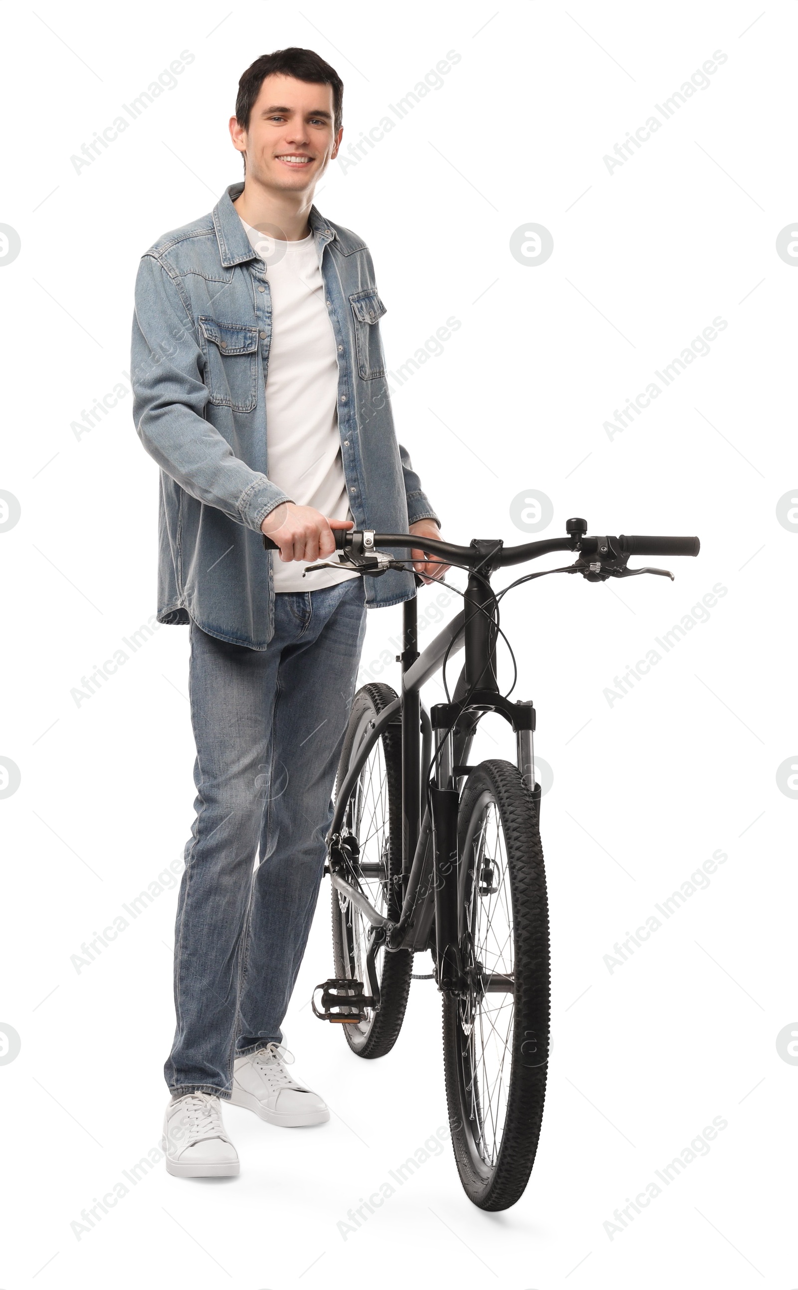 Photo of Smiling man with bicycle isolated on white