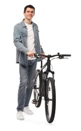 Smiling man with bicycle isolated on white