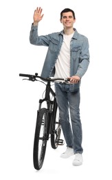 Smiling man with bicycle isolated on white