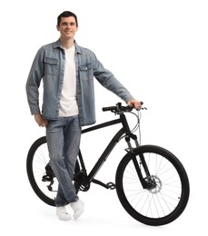 Smiling man with bicycle isolated on white