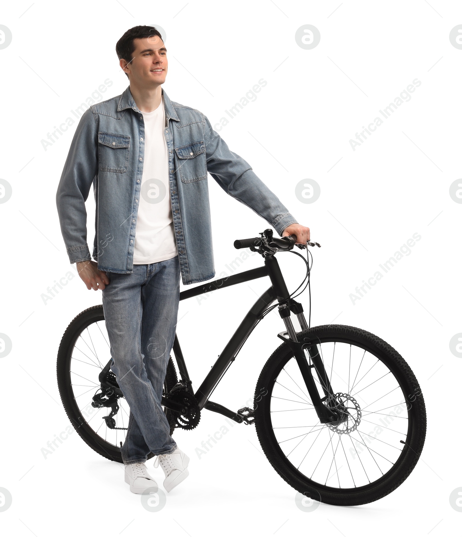 Photo of Smiling man with bicycle isolated on white