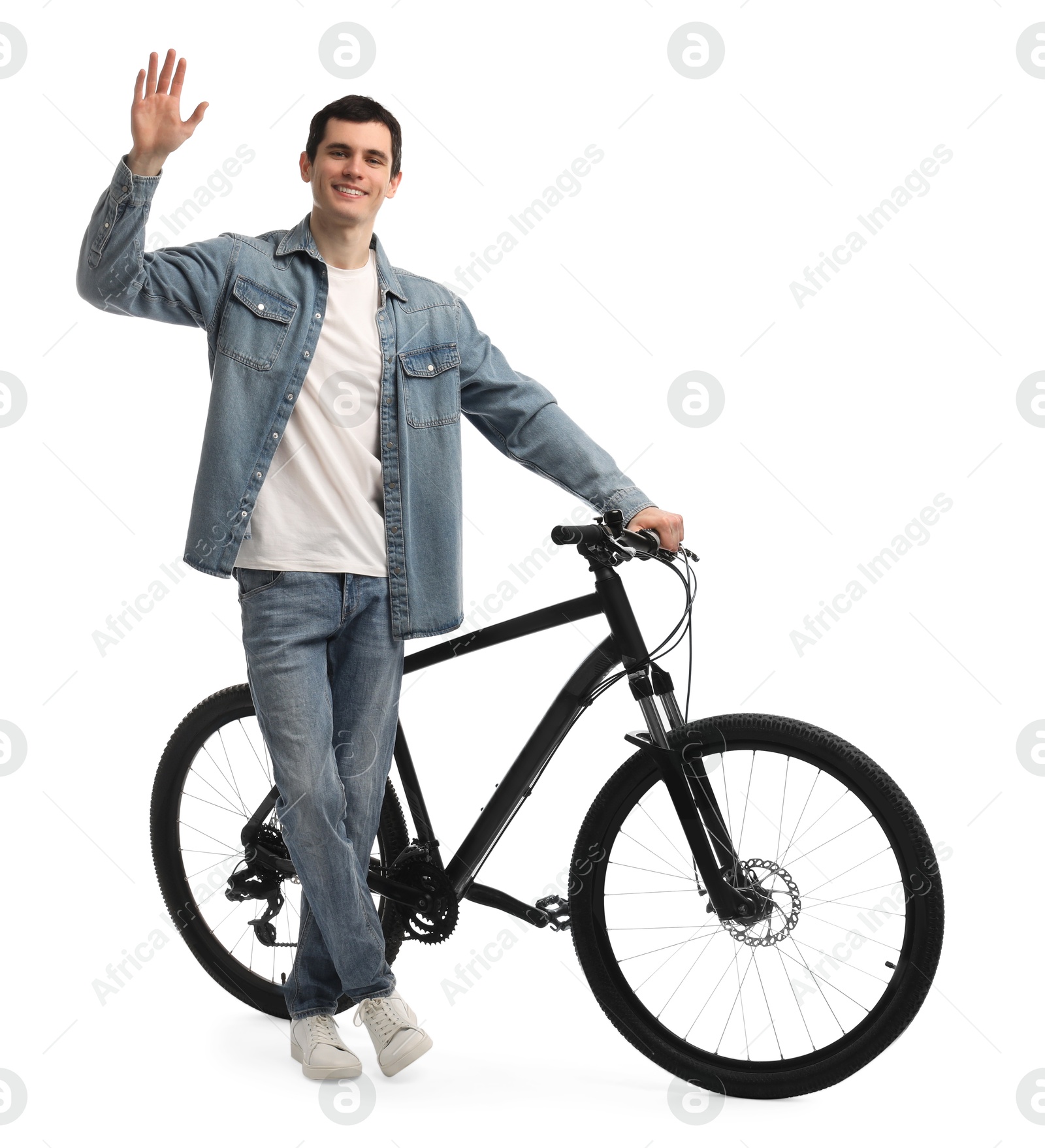 Photo of Smiling man with bicycle isolated on white