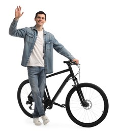 Smiling man with bicycle isolated on white