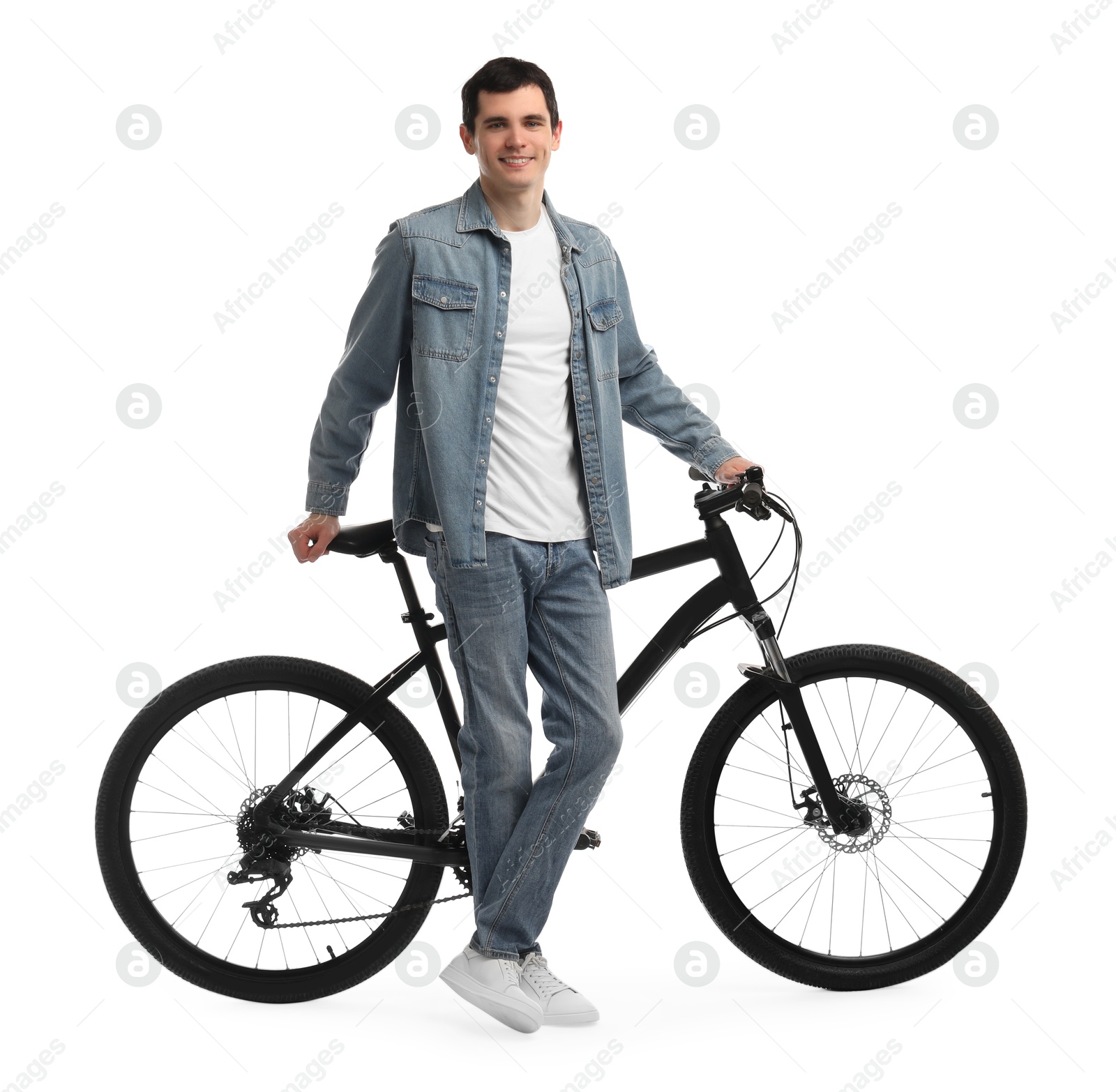 Photo of Smiling man with bicycle isolated on white