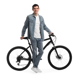 Smiling man with bicycle isolated on white