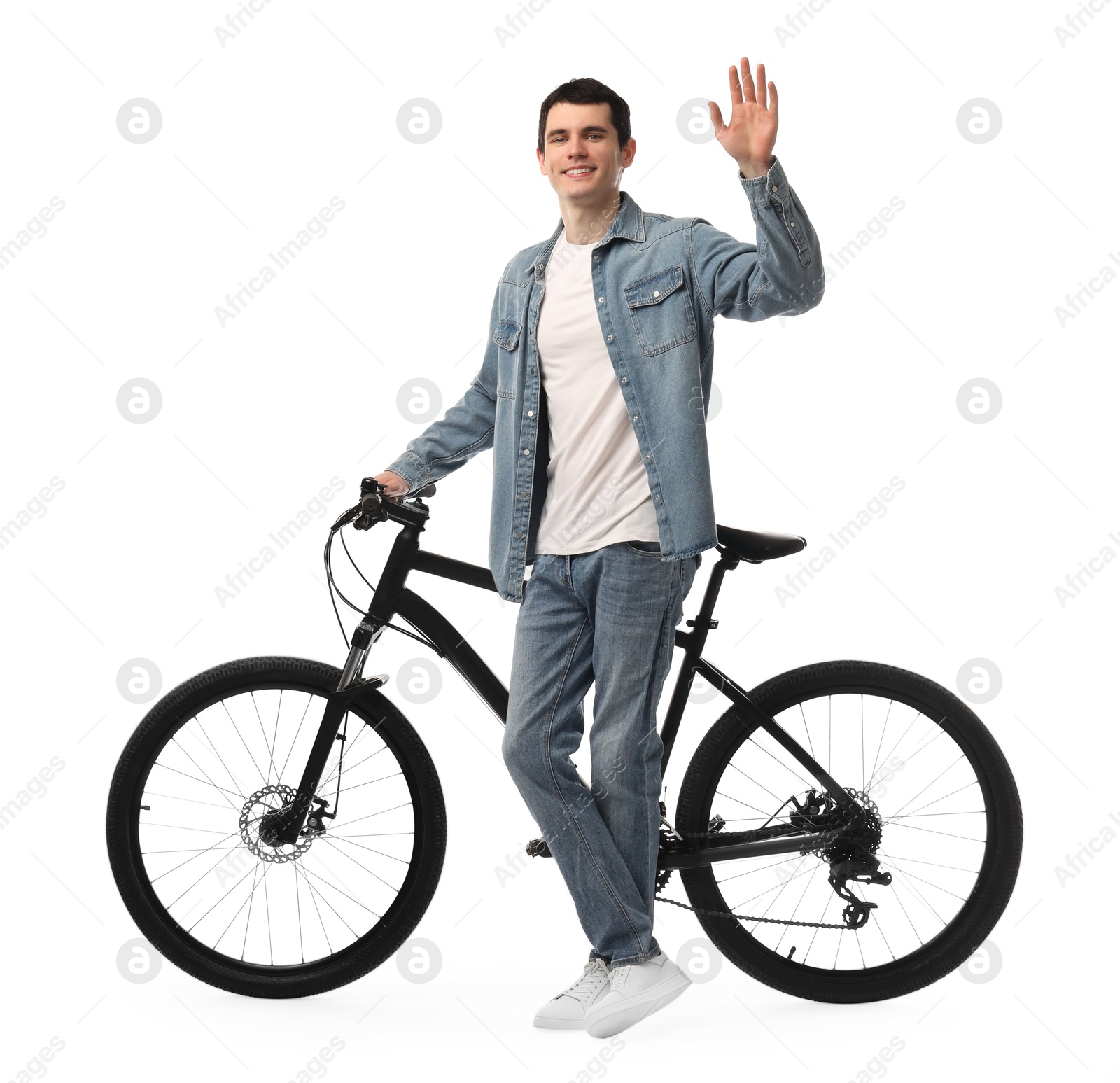 Photo of Smiling man with bicycle isolated on white