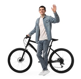 Smiling man with bicycle isolated on white