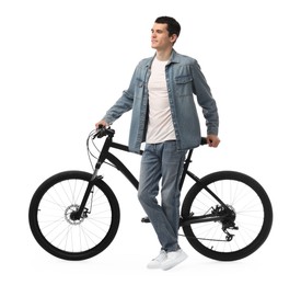 Smiling man near bicycle isolated on white