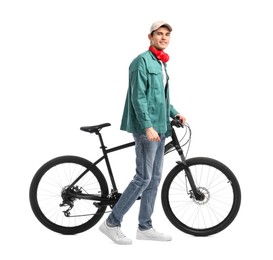 Photo of Smiling man with headphones near bicycle isolated on white
