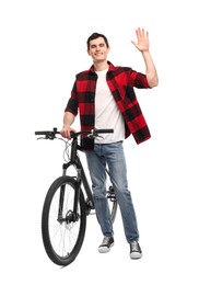 Smiling man with bicycle isolated on white