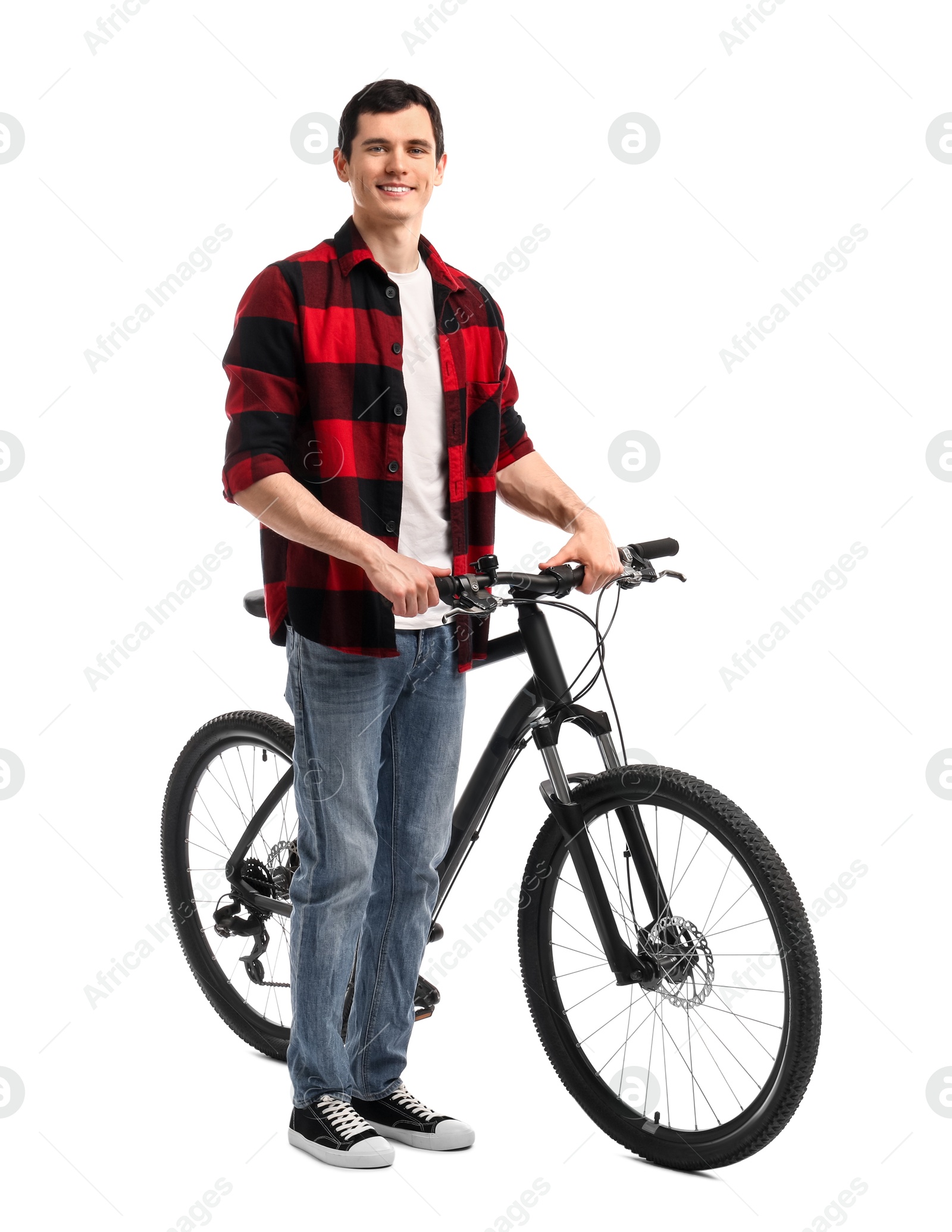 Photo of Smiling man with bicycle isolated on white